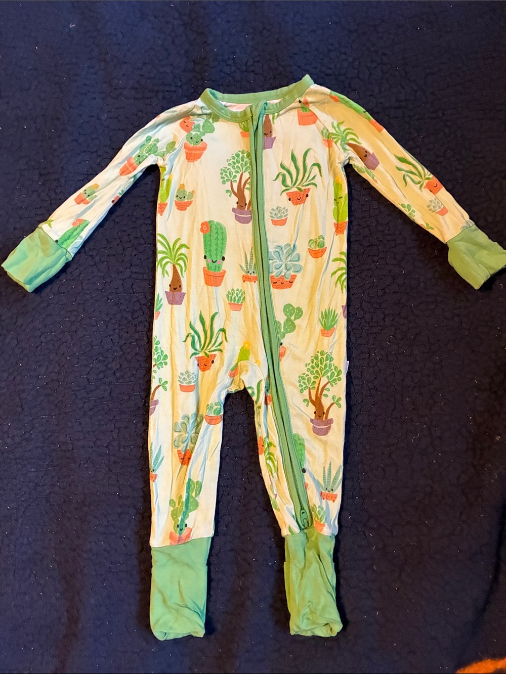 Little Sleepies green Footed Pajama with Green Trim and Colorful Plant Print